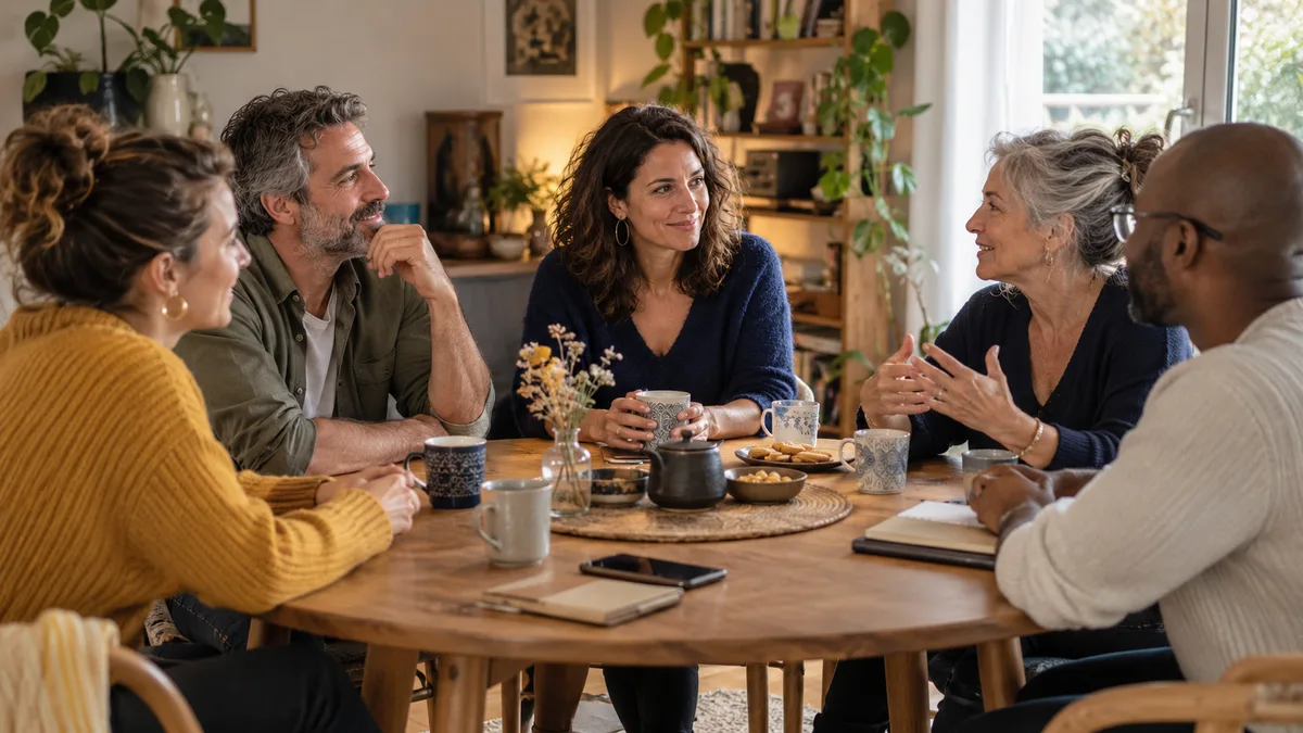 Un petit groupe d’adultes échange autour d’une table.