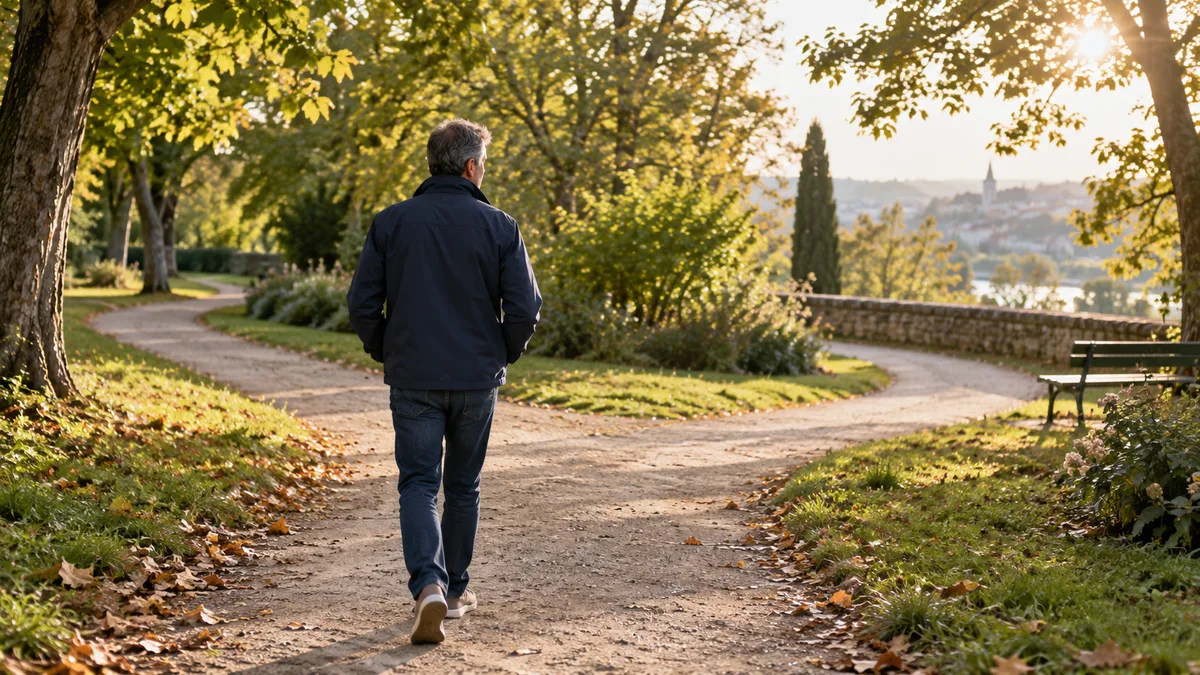 Une personne marche sur un chemin qui se divise dans un parc.