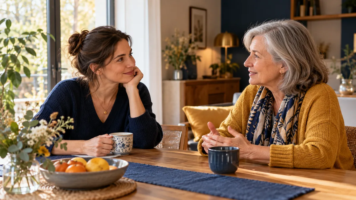 Une femme et sa mère échangent avec attention près d’une fenêtre.