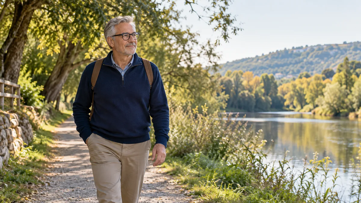 Un homme marche tranquillement dans un parc.