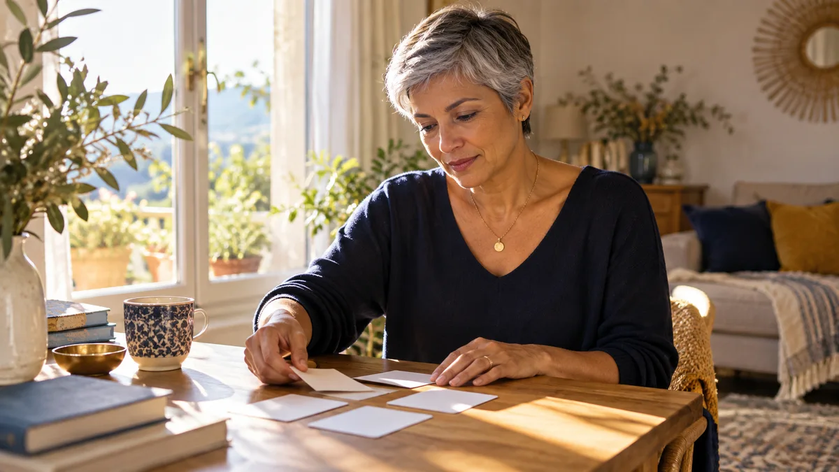 Une femme organise quelques cartes vierges sur une table pour clarifier ses priorités.