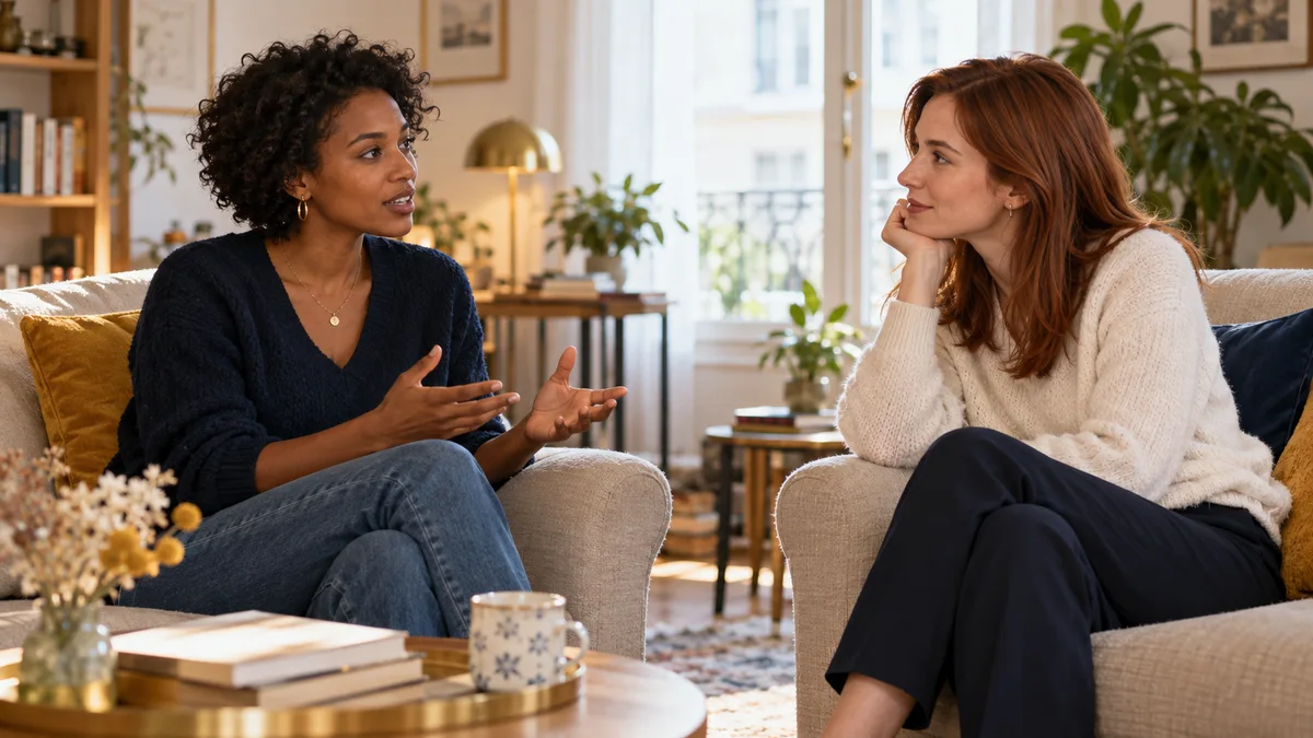 Deux femmes échangent calmement dans un intérieur lumineux.