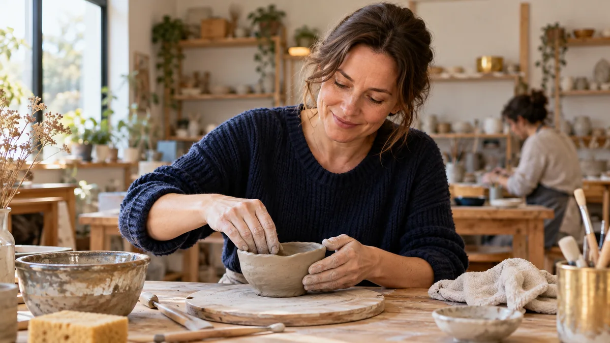 Une femme découvre le modelage d’un bol en argile dans un atelier lumineux.