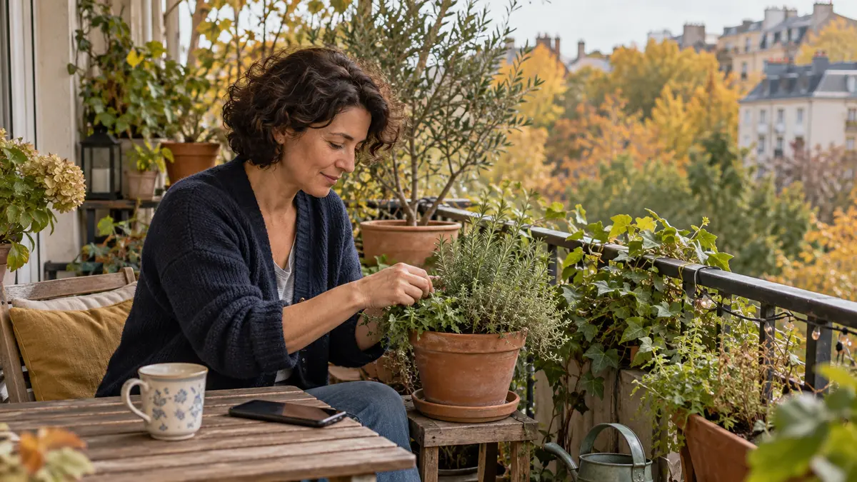Une femme s’occupe de plantes sur son balcon, avec un téléphone posé sur la table à proximité.