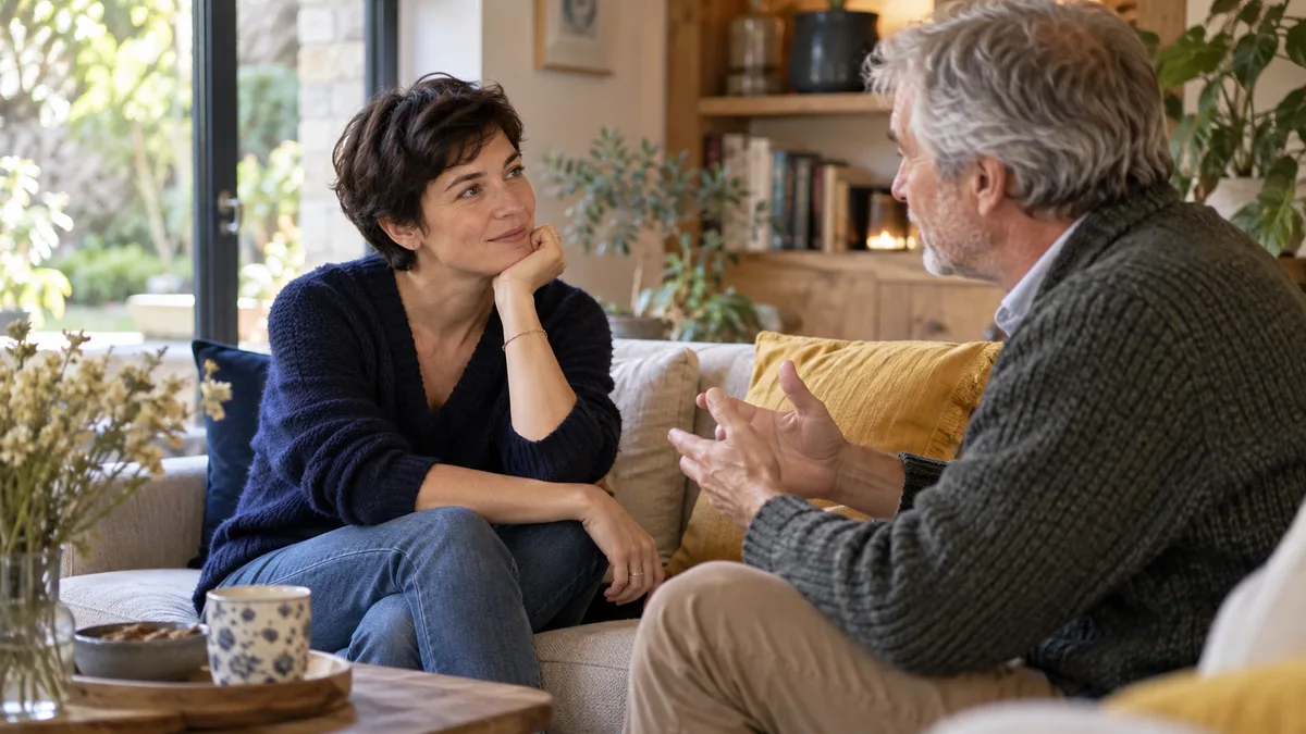 Une femme et un homme échangent calmement à domicile.