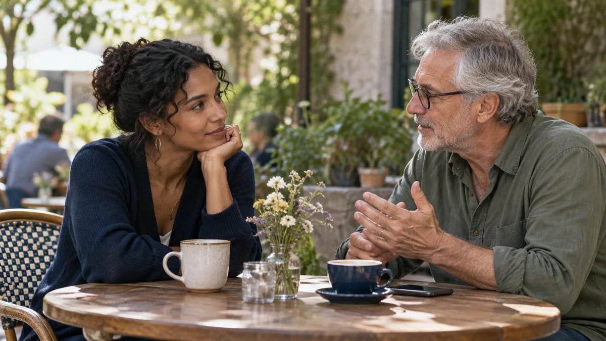 Deux adultes s’écoutent à une table de café.
