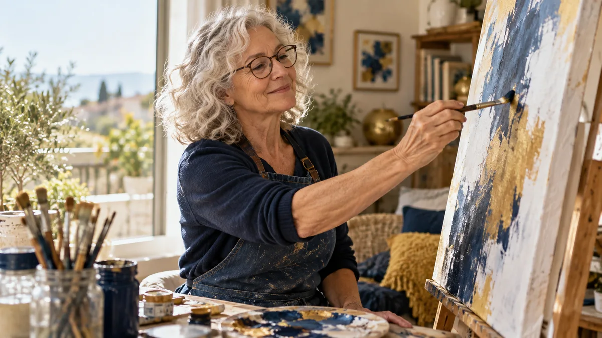 Une femme découvre la peinture dans un atelier lumineux.