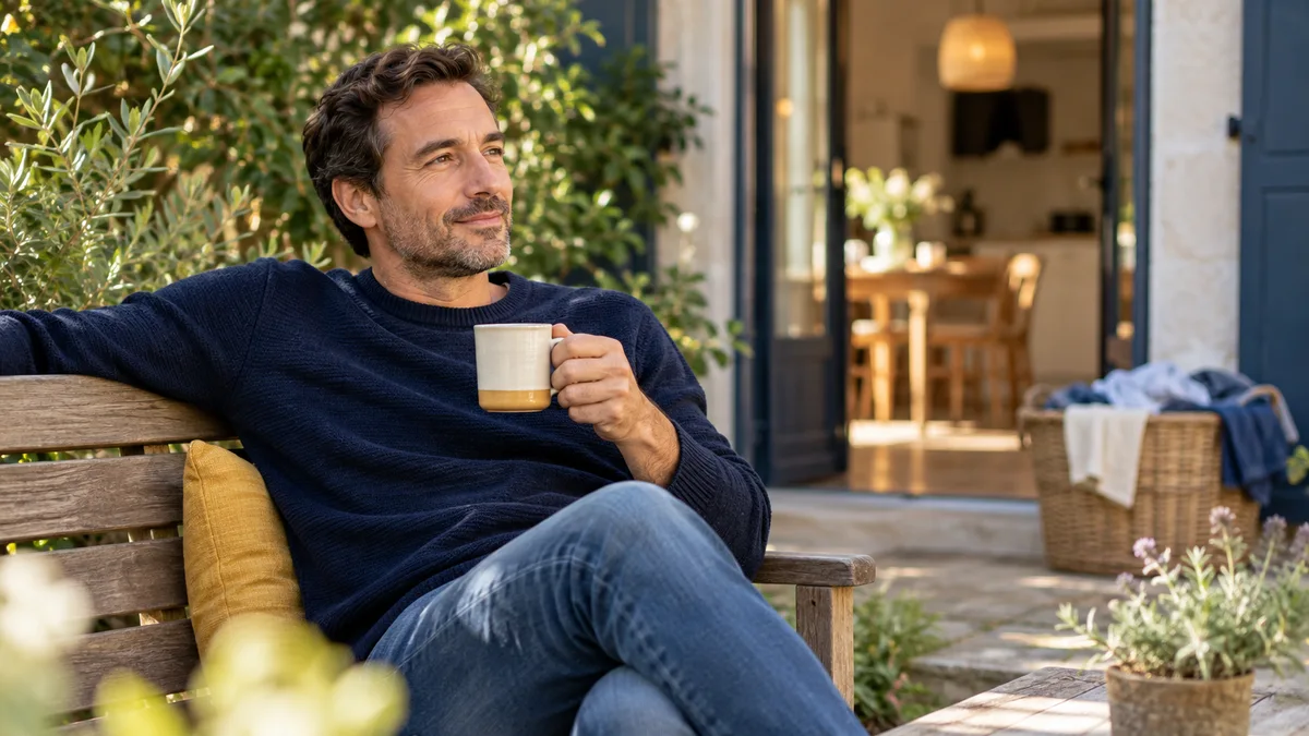 Un homme prend une pause dans son jardin avec une boisson chaude.