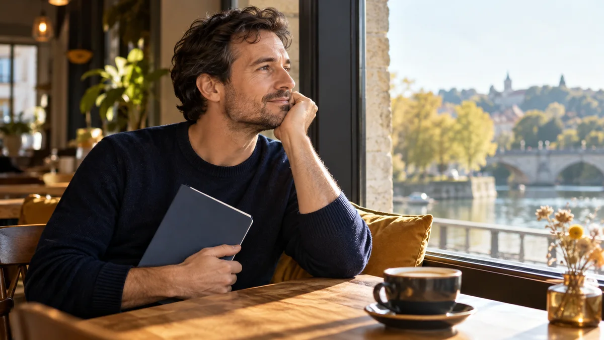 Un homme réfléchit près de la fenêtre d’un café, un carnet fermé à la main.
