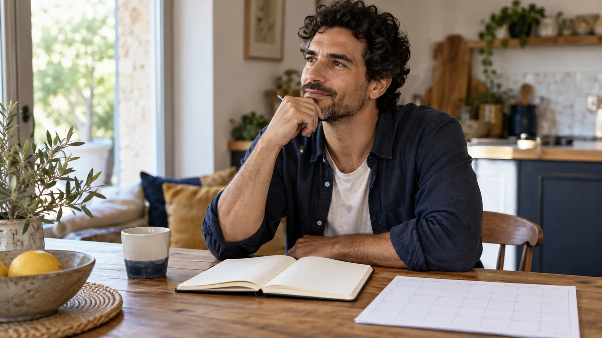 Un homme regarde son carnet et son calendrier à une table.