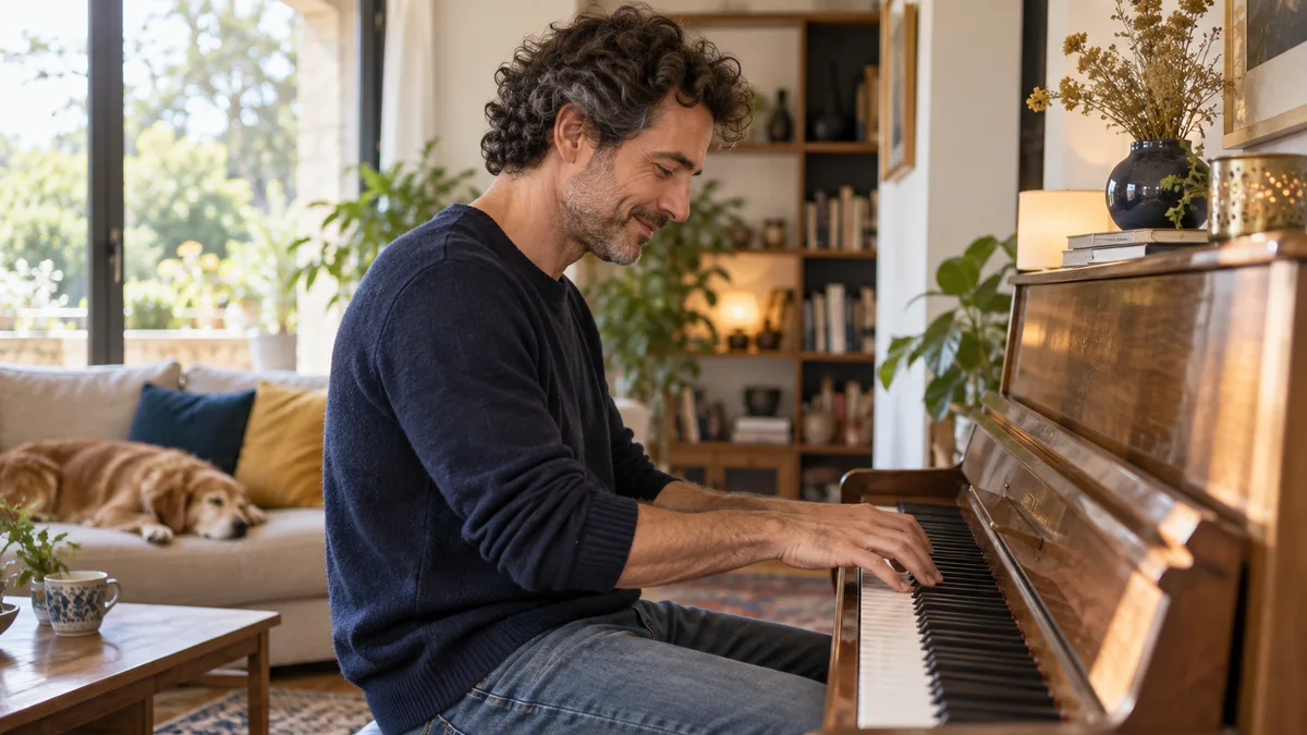 Un homme joue du piano à son domicile.