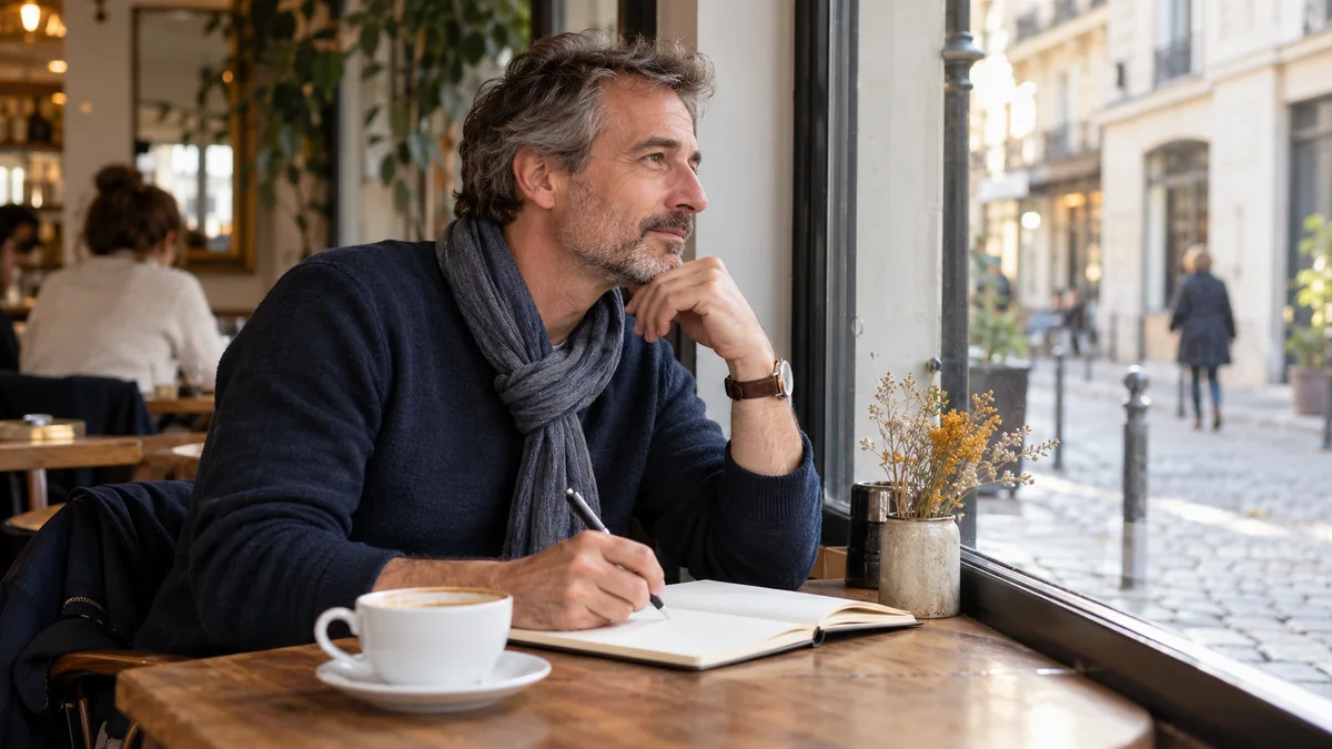 Un homme réfléchit à une table dans un café.