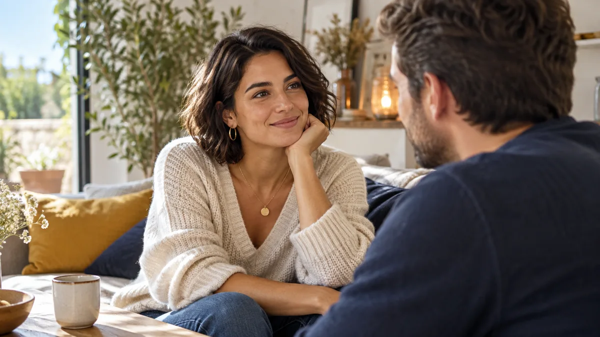 Deux personnes discutent avec attention dans un intérieur lumineux.
